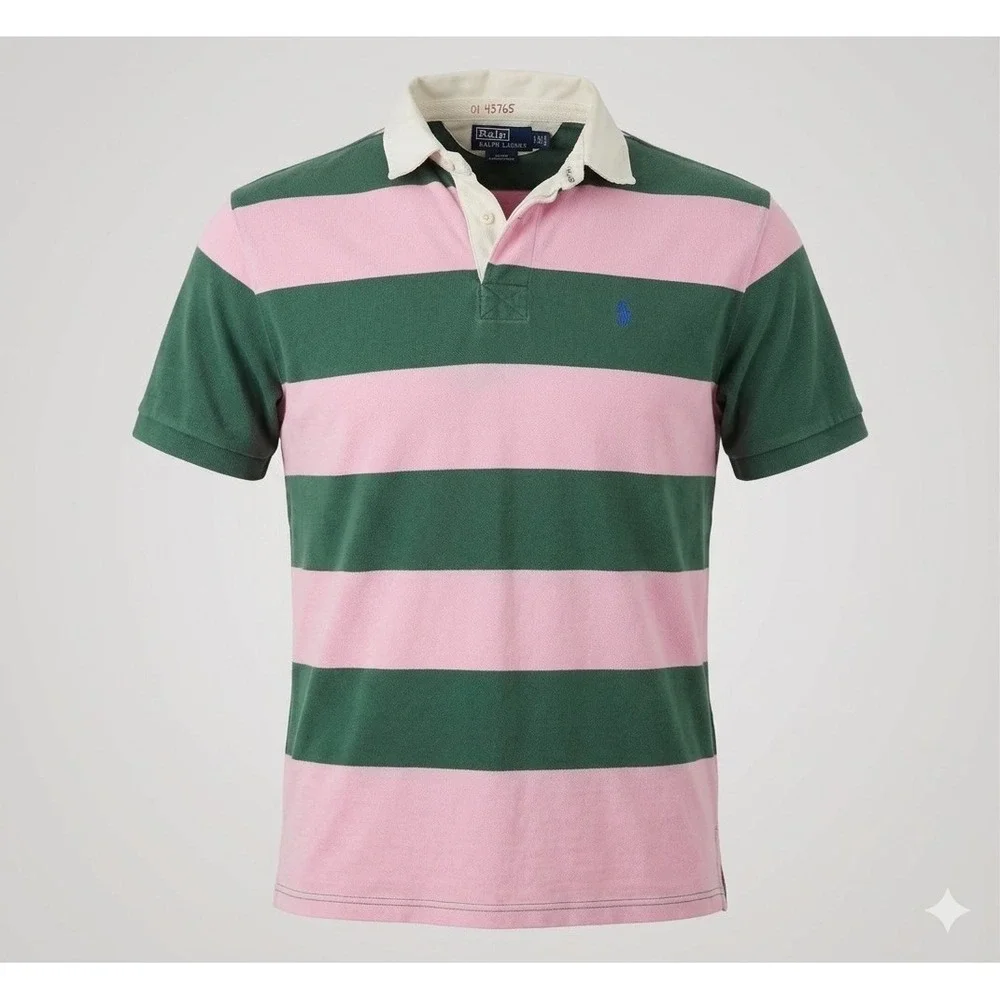 Polo Ralph Lauren Vintage Men's Green & Pink Striped Polo Shirt. Size XL